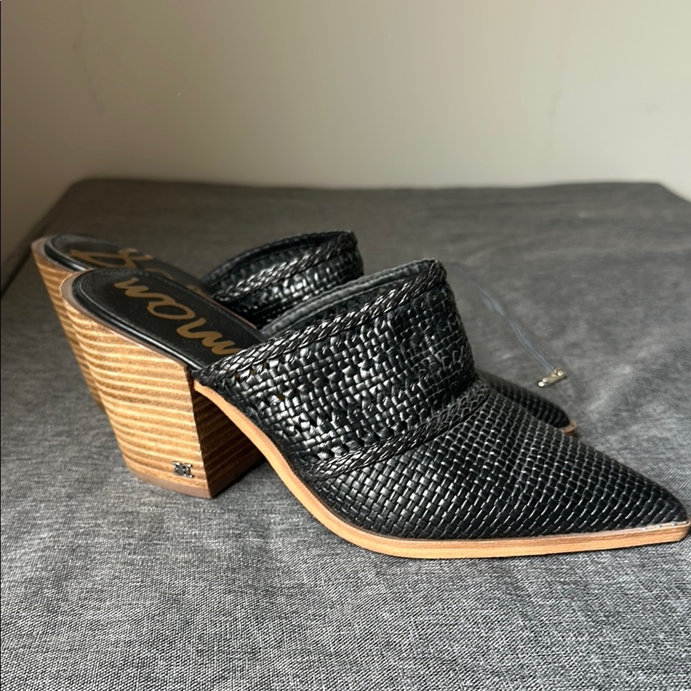 Sam Edelman Black Mules with Woven Leather and Wooden Heel